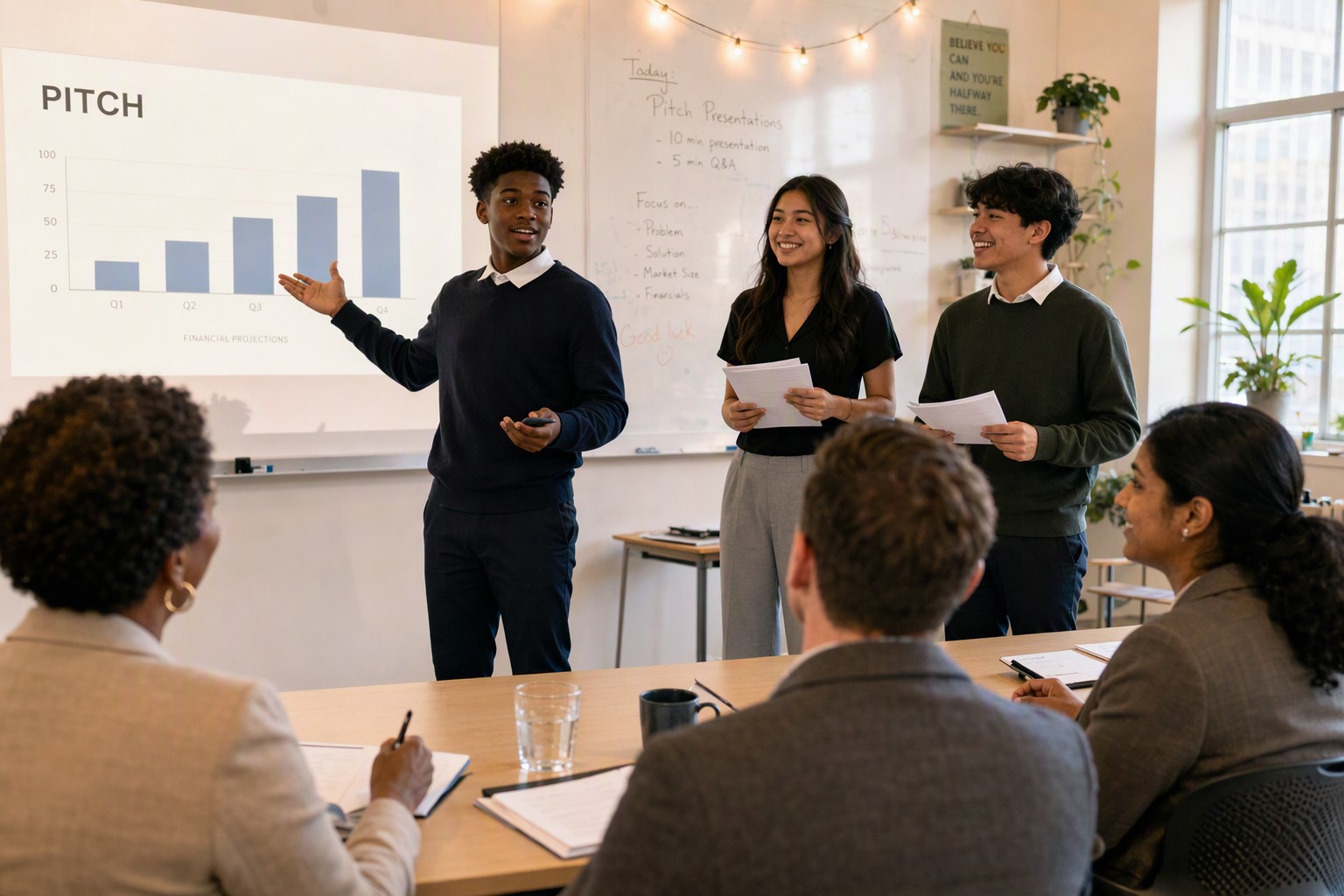 Rochester students from diverse backgrounds pitching a business idea to a panel of investor judges in a classroom